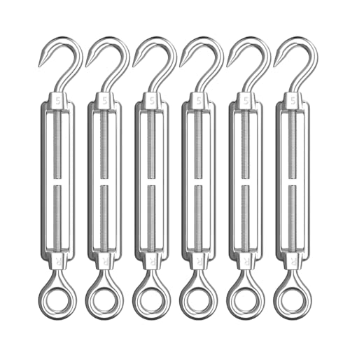 AUTMATCH M5 Hook & Eye Turnbuckle - 304 Stainless Steel Wire Rope Tensioner | Adjustable Turnbuckle for Cable Railing, Fence & Shade Sail Hardware, Wire Rope Tension Kit, 6-Pack, Silver - color: Silver Tone - Hook & Eye, size: M5