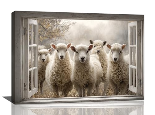 Vintage Sheep Wall Art Farmhouse Sheep Window Pictures Wall Decor Lamb Canvas Prints Painting Framed Artwork Decoration for Living Room Bedroom Bathroom 16”X24” - color: Sheep, size: 24"L x 16"W