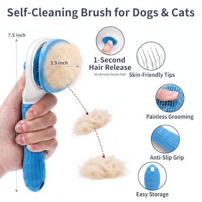5-in-1 Dog Grooming Kit with Self Cleaning Brush & Rake, Blue - color: Blue