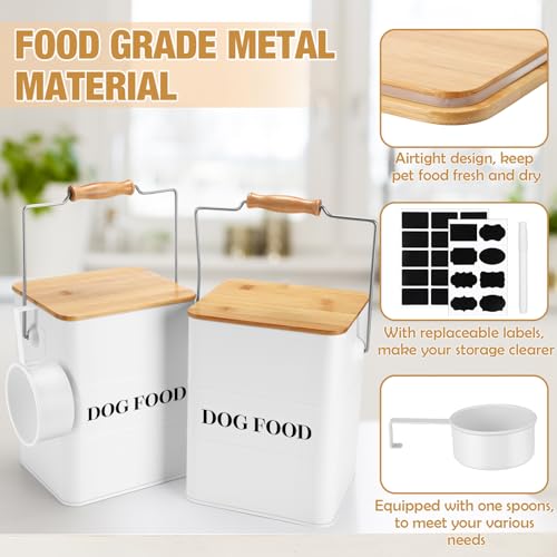 Tioncy 2 Pcs Metal Dog Food Storage Containers Total 10-14 Lbs (50 Cup) Capacity, Airtight Pet Food Canister with Bamboo Lids Scoop DIY Labels Dog Treat Storage Jars for Kitchen Counter(White) - color: White