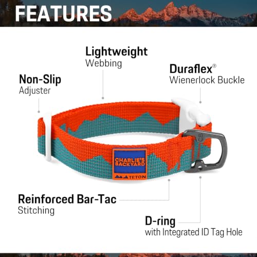 Charlie’s Backyard Teton Dog Collar, Urban to Trail Lightweight & Adjustable with Quick Release DURAFLEX Buckle, Durable D-Ring & All-Day Comfort, Sunset Peaks, Small - color: Sunset Peaks, size: Small