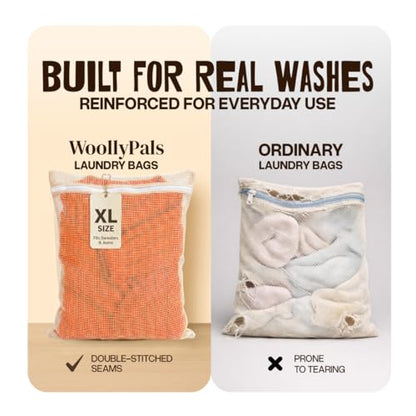 WoollyPals Large Cotton Mesh Laundry Bags (16" x 20") – 2-Pack with Drawstring Storage Pouch – Washer & Dryer Safe, Durable Zipper, Breathable Mesh for Clothes, Delicates, Underwear, Shoes & Lingerie