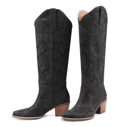 Knee High Cowboy Boots for Women Tall Cowgirl Western Boots - color: Black, size: 6
