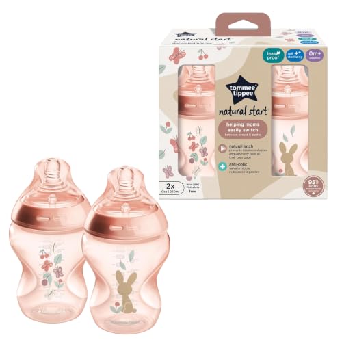 Tommee Tippee Natural Start Baby Bottles, Anti-Colic, 0m+, 9oz | Pack of 2, Slow Flow Breast-Like Nipple, Self-Sterilizing, Seamless Bottle-to-Breast Transition, Pink, BPA Free - color: Pink