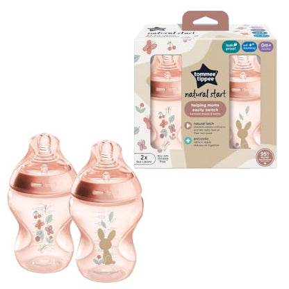 Tommee Tippee Natural Start Baby Bottles, Anti-Colic, 0m+, 9oz | Pack of 2, Slow Flow Breast-Like Nipple, Self-Sterilizing, Seamless Bottle-to-Breast Transition, Pink, BPA Free - color: Pink
