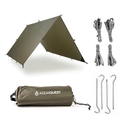 AquaQuest Guide Tarp – Ultralight Waterproof (5,000 mm) Seam-Taped 40D Ripstop Rain Fly for Backpacking, Stealth Camping & Thru-Hiking - color: Olive Drab Kit, size: 10 x 7 ft