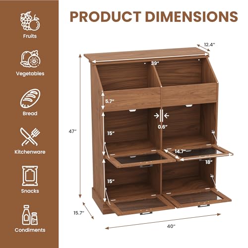 COSIEST Oversized Potato Storage Bin, 47'' High Wooden Bread Box with Adjustable Door Hinge, Farmhouse Potato and Onion Storage Bin with 4 Mesh Doors, Kitchen Fruit and Vegetable Storage Cabinet
