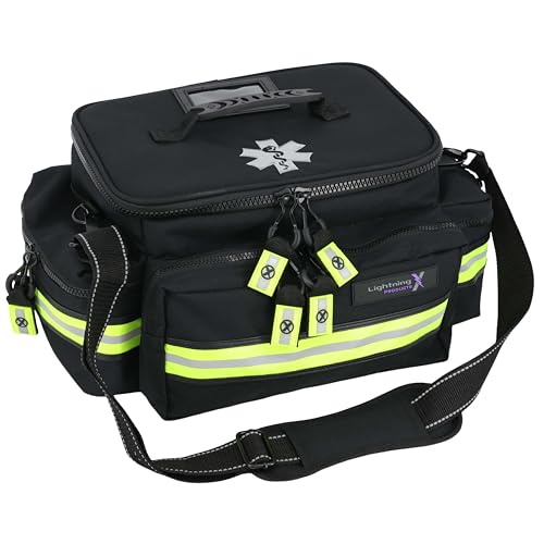 Lightning X Medium First Responder EMT Bag | LXMB25 | w/Reflective, Shoulder Strap & Zippered Compartments for First Aid + Trauma Supplies - Black - color: Black
