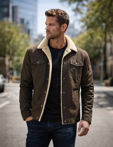 KEFITEVD Men's Winter Fleece Jacket Sherpa Lined Warm Cargo Trucker Coat - color: Coffee, size: Small