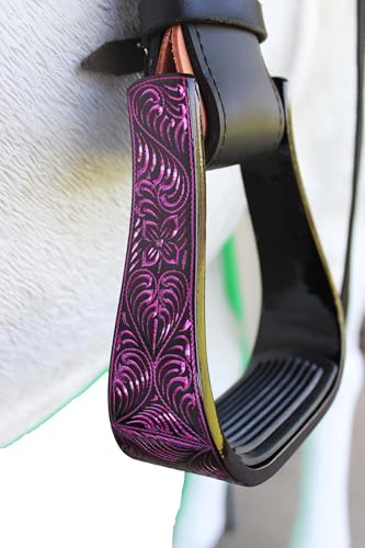 CHALLENGER Horse Western 5" Wide Barrel Racer Black Aluminum Engraved Show Stirrups 51248 - color: Black Pink