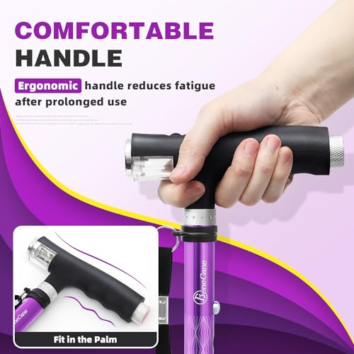 BeneCane Walking Cane for Women Folding Cane for Men with Two Led Lights Quad Cane with Stable Base Lightweight and Adjustable Walking Stick - color: Carved Purple