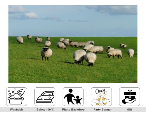 5x3ft Fabric Black Face Sheep Grassland Backdrop Flock Wool Ewes Lush Green Pasture Pale Cloud Sky Photography Background Tapestry Party Farm Rural Decorations Photo Booth Props - size: 5x3ft
