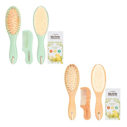 KeaBabies Wooden Baby Hair Brush Set for Newborns, Toddlers - Soft Goat Bristle Baby Brush and Comb Set Newborn Grooming Kit for Cradle Cap Care, Durable & Gentle, Boy, Girl Infant Essentials
