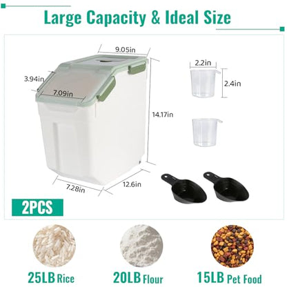 2 Pack Rice Container 25 lbs Large Bulk Flour Sugar Storage Holdhouse Plastic Grain Cereal Dry Goods Bin with Spoon and Measuring Cup for Kitchen Pantry Organization - Green - color: Green, 2 Pack