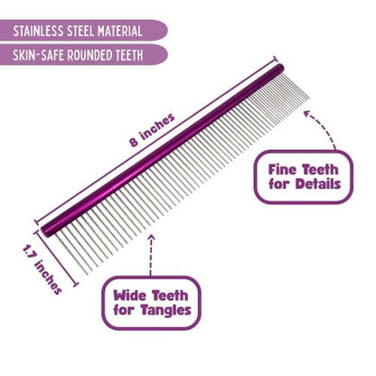 Pet Comb 8 inches Comfortable Grooming Comb with Different-Spaced Rounded Stainless Steel Teeth, Easy Grip and Convenient Grooming for Pets Dog Cat with Medium Coarse Fur - Purple - size: 8"