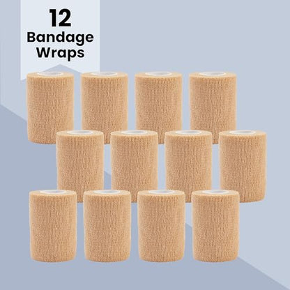 12-Rolls Self Adherent Bandage Wrap, Vet Tape - 3 in x 5 Yds Breathable, Elastic Cohesive Wrap Tape for Wrist, Swelling, Sports, Tattoo (Tan) (Pack of 2) - size: 3 Inch x 5 Yards (Pack of 2)