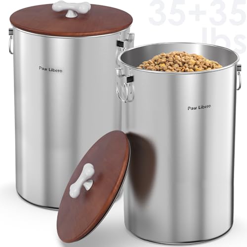 2 Pack 35 lb Stainless Steel Dog Food Storage Container Set with Wooden Lid - size: 35 lbs - 2pk