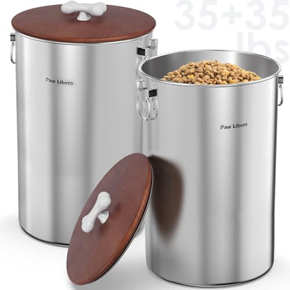 2 Pack 35 lb Stainless Steel Dog Food Storage Container Set with Wooden Lid - size: 35 lbs - 2pk