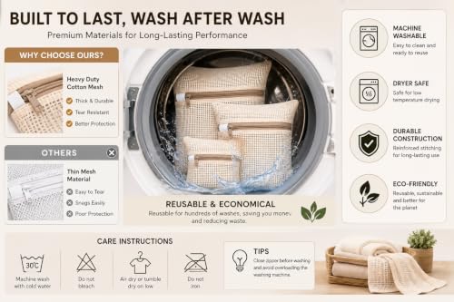 6-Pack Laundry Bags, Durable Cotton Mesh with Sturdy Zipper, Breathable Mesh Fabric, Ideal for Washing Underwear, Pants, Shoes, Socks and Delicate Garments - color: Beige, size: 19.6"L x 15.7"W x 0.2"H