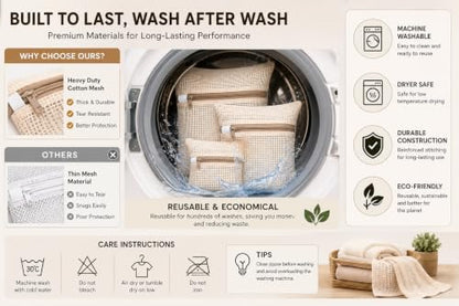 6-Pack Laundry Bags, Durable Cotton Mesh with Sturdy Zipper, Breathable Mesh Fabric, Ideal for Washing Underwear, Pants, Shoes, Socks and Delicate Garments - color: Beige, size: 19.6"L x 15.7"W x 0.2"H