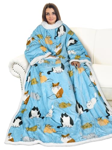Catalonia Sherpa Wearable Blanket with Sleeves and Pocket for Adults - color: Cat Blue, size: Standard Pocket