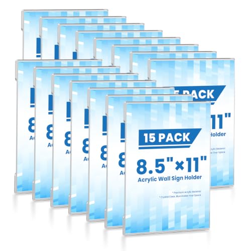 15 Pack 8.5x11 Acrylic Sign Holder Wall Mount, Clear Plastic Wall Signs Display for Flyers, Acrylic Frame Photo Menu Stands with Adhesive Tape for Restaurants, Office and Business Store - No Drilling