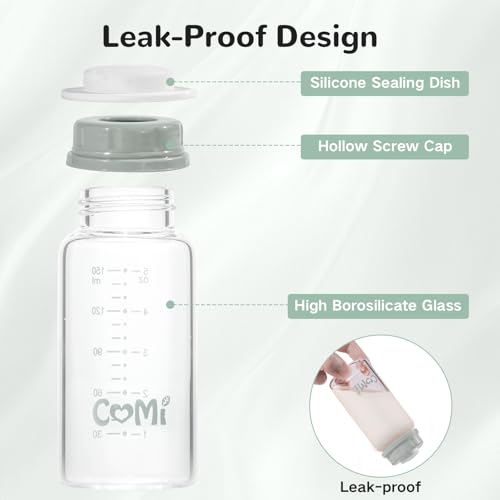 COMI Natural Glass Baby Bottle,Breastmilk Storage Bottle for Fridge,Breast Milk Container,Breast Pump Bottle Compatible with Medela Breast Pump,BPA Free,2PCS (5oz,2 Gray Lids) - style: 2Gray