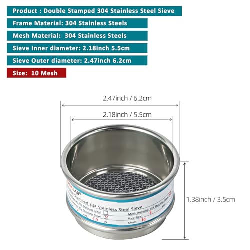 Full 304 Stainless Steel Mesh Sieve Screen,LVDALAB 10 Mesh (2mm) Aperture, 2.4inch(6CM) Dia Standard Sample Analysis Test Sieves Sifters Strainer for Industrial Laboratory Homes - size: 10 Mesh(2mm)/Ф2.4in(6CM)