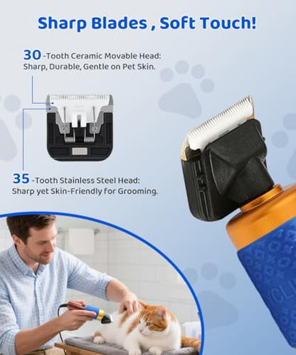 200W Professional Dog Grooming Clippers with Stepless Speed Control, Low Noise <50dB Pet Hair Trimmer Kit, Solid Wood Handle, 2 Blades, Dual-Sided Guide Combs, Heavy-Duty Plug-in Clippers for Cats