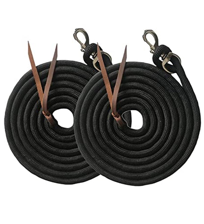 Majestic Ally 14' Pack of 2 Poly Training Lead Rope with Leather Popper for Horses & Livestock – 14 Foot Long and 5/8 inch Thick - Replaceable Heavy-Duty Bolt Snap (Black) - color: Black