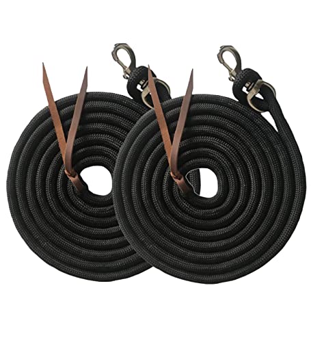 Majestic Ally 14' Pack of 2 Poly Training Lead Rope with Leather Popper for Horses & Livestock – 14 Foot Long and 5/8 inch Thick - Replaceable Heavy-Duty Bolt Snap (Black) - color: Black