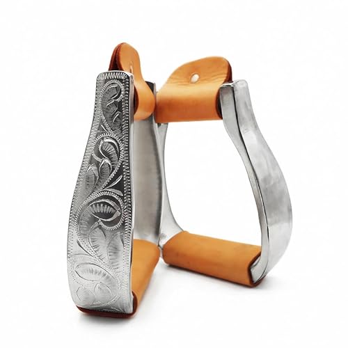 Western Horse Stirrups Heavy Duty Cast Aluminum 4.9" Hand Engraved Polished Real Leather Tread for Equestrian Riding, Brown/Black - color: Brown