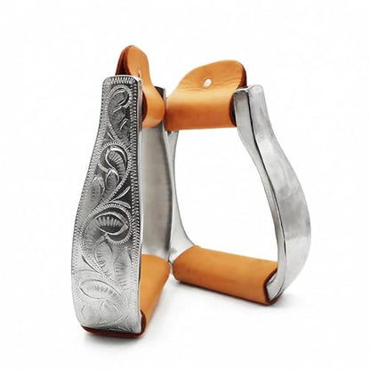 Western Horse Stirrups Heavy Duty Cast Aluminum 4.9" Hand Engraved Polished Real Leather Tread for Equestrian Riding, Brown/Black - color: Brown