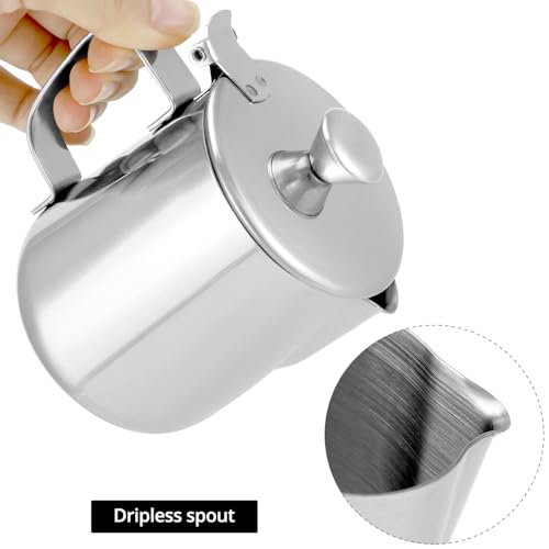 QWORK Stainless Steel Coffee Mug Milk Frothing Pitcher with Lid, 350ML, Dripless Spout, Ergonomic Handle, For Latte Coffee Art, Office and Kitchen, 2 Pcs
