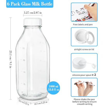 6 Pack 32 Oz Glass Milk Bottles with Lids,2 Dispenser Caps & Extra Lids