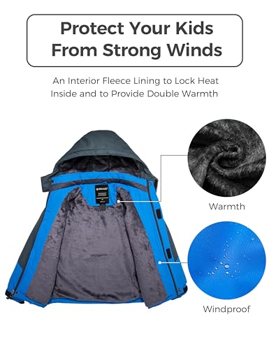 Wantdo Boy's Waterproof Ski Jacket Fleece Snowboarding Jackets Warm Thick Winter Coat Hooded Raincoats - color: Blue, size: 10-12