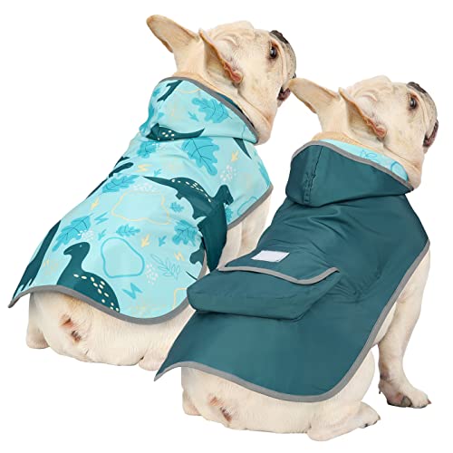 HDE 2-in-1 Reversible Dog Raincoat Hooded Poncho Rain Jacket Teal Dino M - color: Dinosaurs, size: Medium