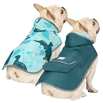 HDE 2-in-1 Reversible Dog Raincoat Hooded Poncho Rain Jacket Teal Dino M - color: Dinosaurs, size: Medium