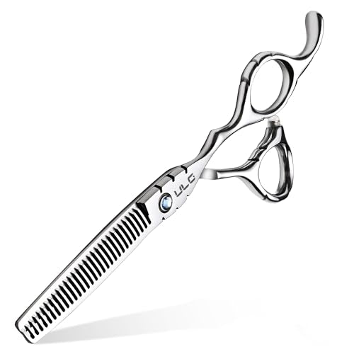 ULG Hair Thinning Scissors 6.7” Shark Series 100% Japanese Stainless Steel, Offset Handle, 30-Tooth Seamless Thinner 15% Hair Removal, Professional Barber Layering Shears for Salon & Home Hair Styling - color: Blue02