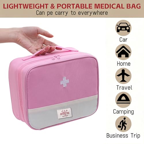 Empty First Aid Bag, Medicine Storage Bag, Portable Medicine Bag Organizer for Home Outdoor Camping Hiking Travel (Pink)