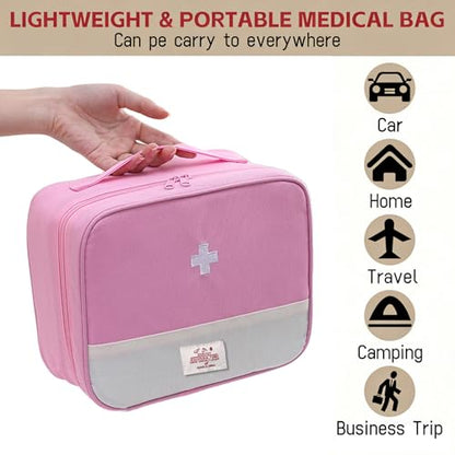 Empty First Aid Bag, Medicine Storage Bag, Portable Medicine Bag Organizer for Home Outdoor Camping Hiking Travel (Pink)
