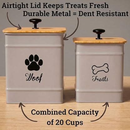 Dog Treat Container Set of 2 with Airtight Bamboo Lids - 8x6 & 7x5 inch | Fits All Popular Treats, Up to 20 Cups Combined Capacity, Airtight Bamboo Lid, Easy Open Lid, Dent-Resistant Durable Metal - color: Gray - Large