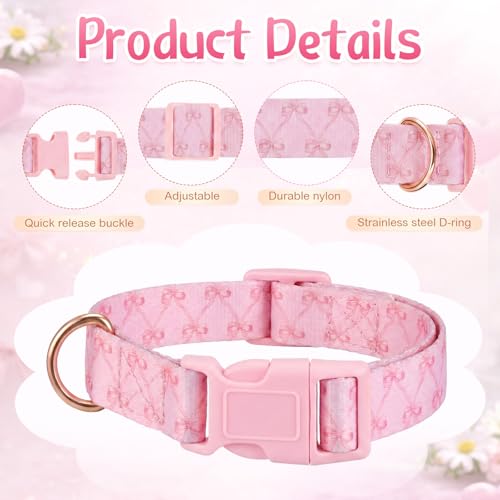 4 Pack Goat Collars with Bells Set, Adjustable Pink Bow Pattern Nylon Sheep Collar, Loud Metal Grazing Bell, Quick Release Buckle for Lambs, Small Farm Animals, Herd ID, Pasture Tracking - style: Pink Bow