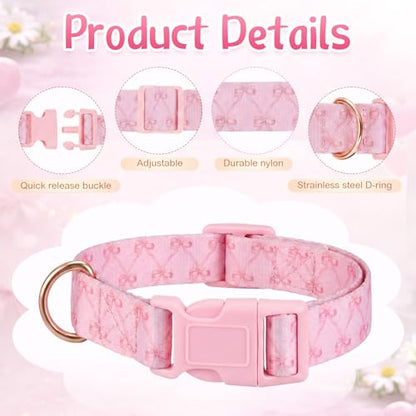 4 Pack Goat Collars with Bells Set, Adjustable Pink Bow Pattern Nylon Sheep Collar, Loud Metal Grazing Bell, Quick Release Buckle for Lambs, Small Farm Animals, Herd ID, Pasture Tracking - style: Pink Bow