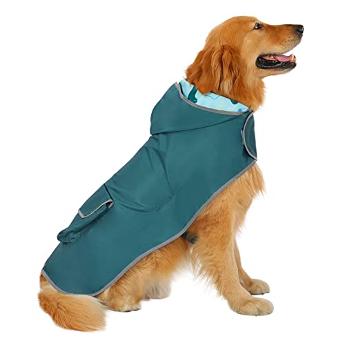 HDE 2-in-1 Reversible Dog Raincoat Hooded Poncho Rain Jacket Teal Dino L - color: Dinosaurs, size: Large
