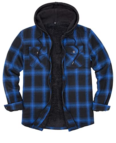 ZENTHACE Men's Sherpa Lined Full Zip Hooded Plaid Shirt Jacket - color: Blue/Black, size: X-Large