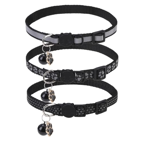 BINGPET Reflective Cat Collar Breakaway with Bell,Cute Kitten Collar,Black - color: Reflective(Black)-3pcs