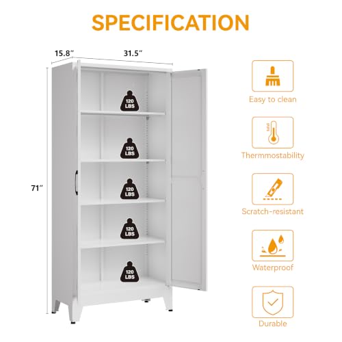 COFaR Metal Kitchen Cabinet with 2 Door and 4 Adjustable Shelves, 71" White - color: White, size: 71H