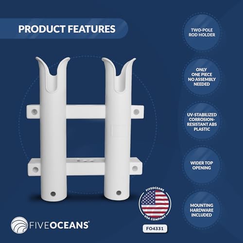 Five Oceans Wall Mounted Fishing Rod Holders Tubes - 2-Pole Fishing Rod Holder Rack - UV-Resistant ABS Plastic, White, Mounting Hardware Included - FO4331