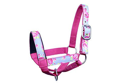 Double Layer Heavy Duty Padded Overlay Printed Nylon Cow Halter - 6 Month Warranty - color: Grey Floral and Hot Pink, size: Large (Cow)